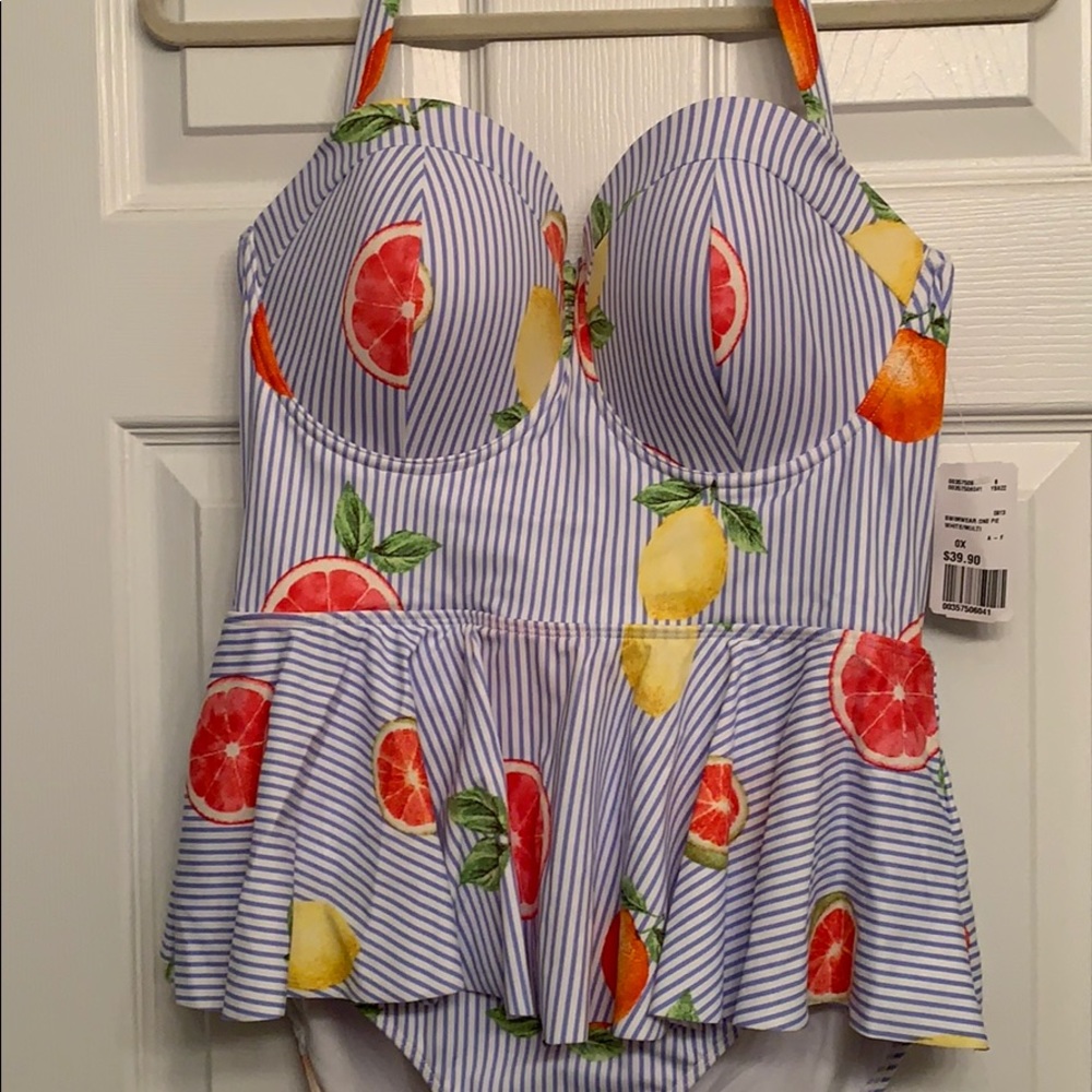 Blue/white striped peplum halter swimsuit